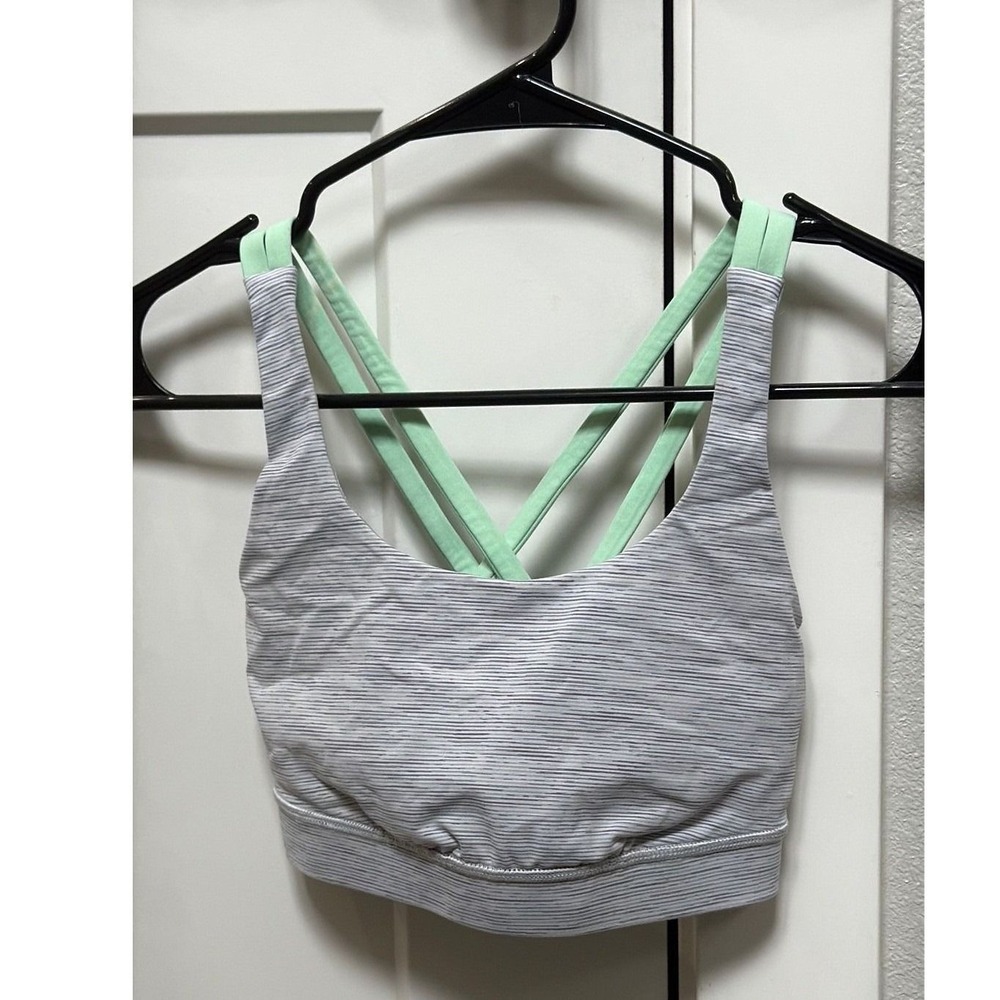 Lululemon Energy‎ Bra Size 4 Heather Gray Mint Green Strappy Sports Bra
